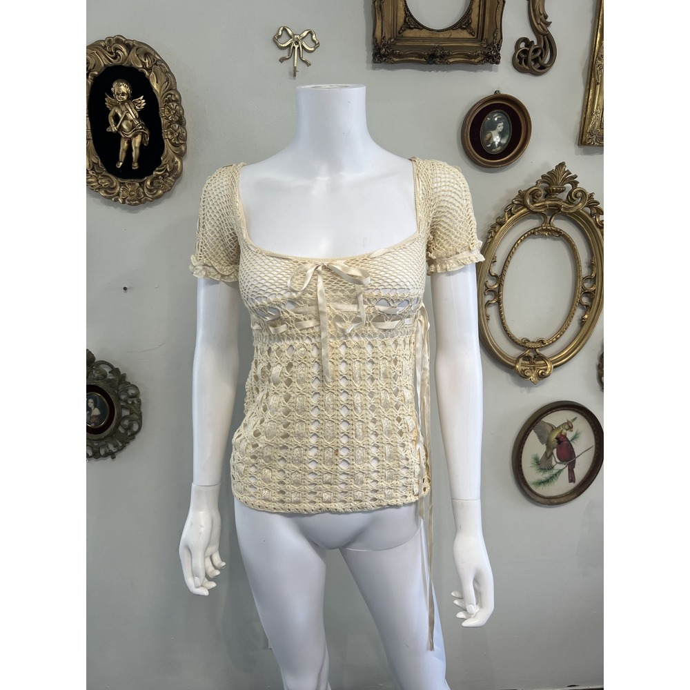 Jill Stuart Vintage Coquette Cream Crochet Lace Ribbon Tie Knit Top Size S